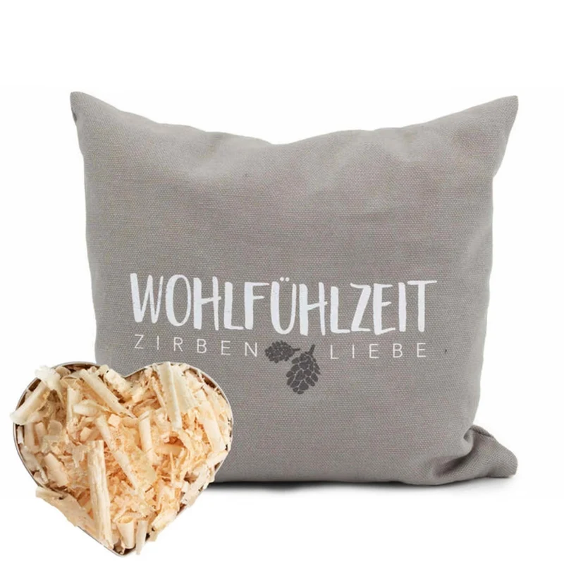 Zirbenkissen 25x25cm, "Wohlfühlzeit - Zirbenliebe", Taupe