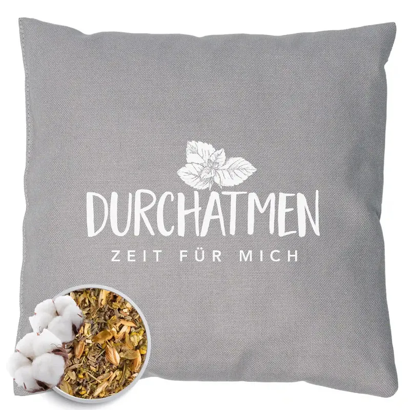 Kräuterkissen 20x20cm, "Durchatmen - Zeit für mich", Grau