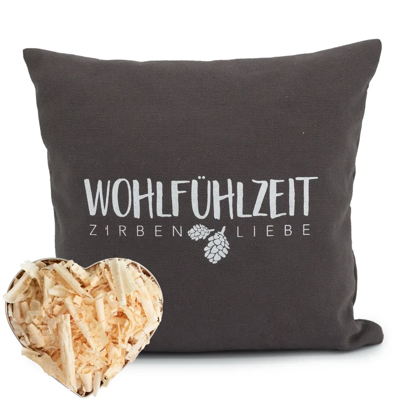 Zirbenkissen 40x40cm, "Wohlfühlzeit - Zirbenliebe", Anthrazit