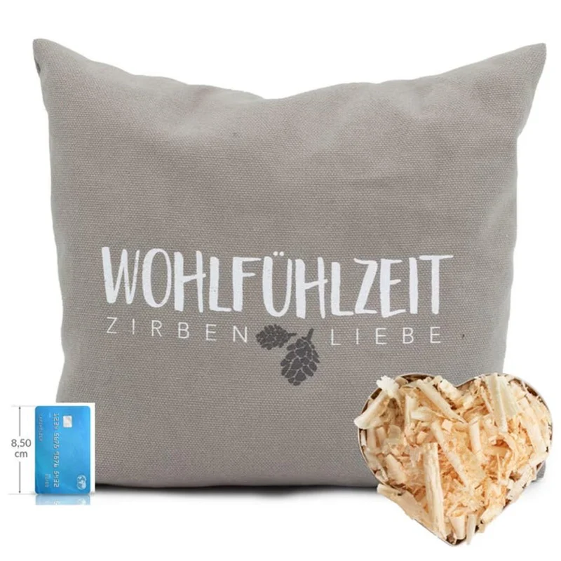 Zirbenkissen 40x40cm, "Wohlfühlzeit - Zirbenliebe", Taupe