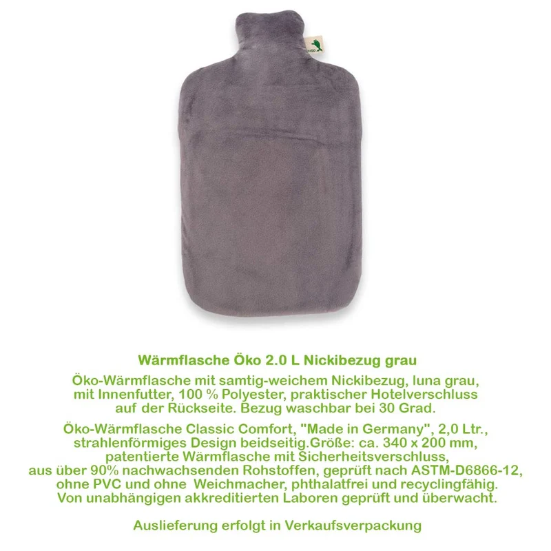 Hugo Frosch Öko Wärmflasche 2,0 L, Nickibezug, versch. Farben