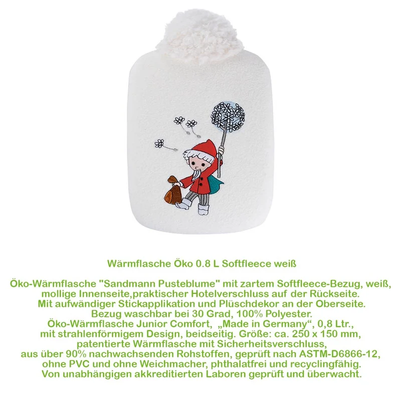 Hugo Frosch Öko Wärmflasche 0,8 L, Softfleece, Sandmann, versch. Farben