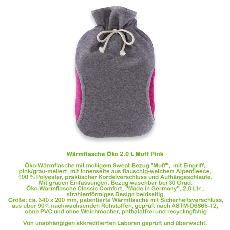 Hugo Frosch Öko Wärmflasche 2,0 L, Muff-Bezug, versch. Muster