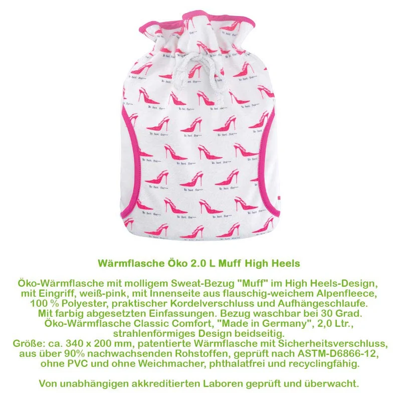 Hugo Frosch Öko Wärmflasche 2,0 L, Muff-Bezug, versch. Muster