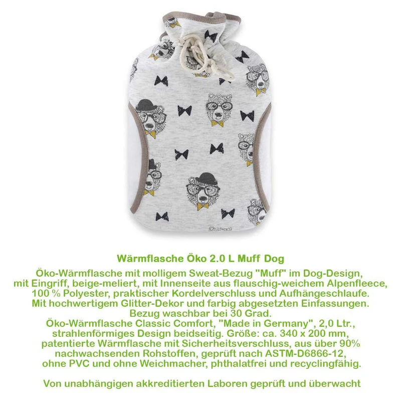 Hugo Frosch Öko Wärmflasche 2,0 L, Muff-Bezug, versch. Muster
