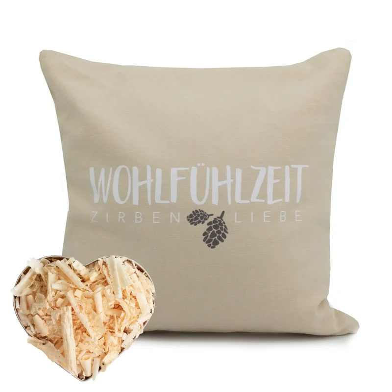 Zirbenkissen 25x25cm, "Wohlfühlzeit - Zirbenliebe", Natur