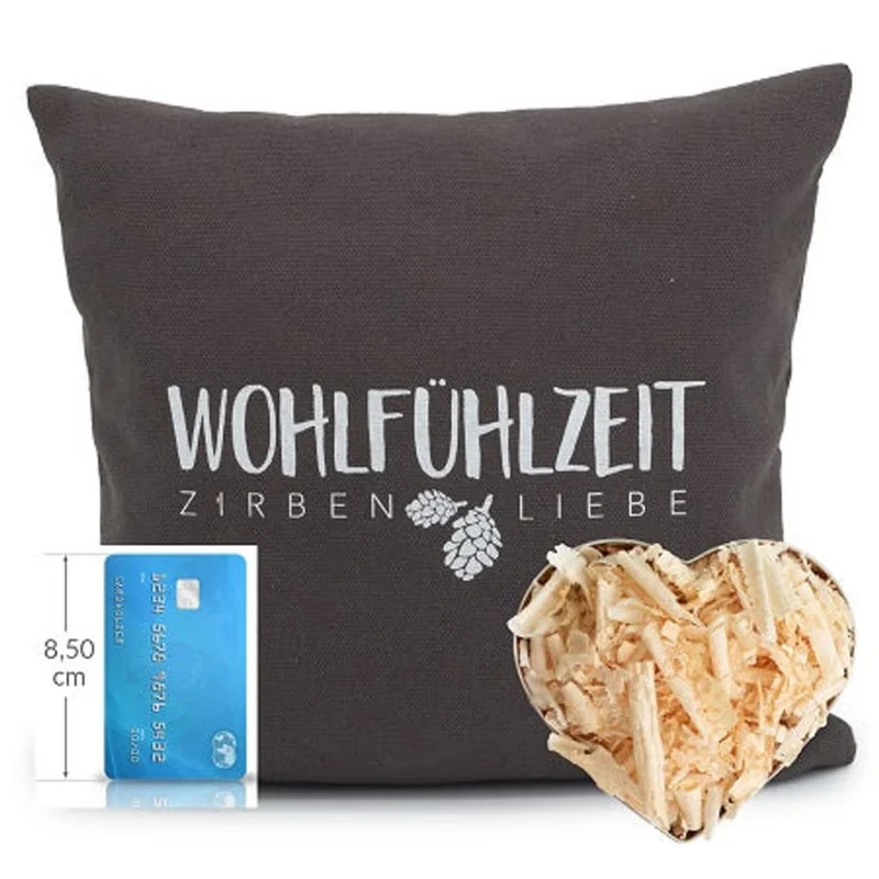 Zirbenkissen 25x25cm, "Wohlfühlzeit - Zirbenliebe", Anthrazit