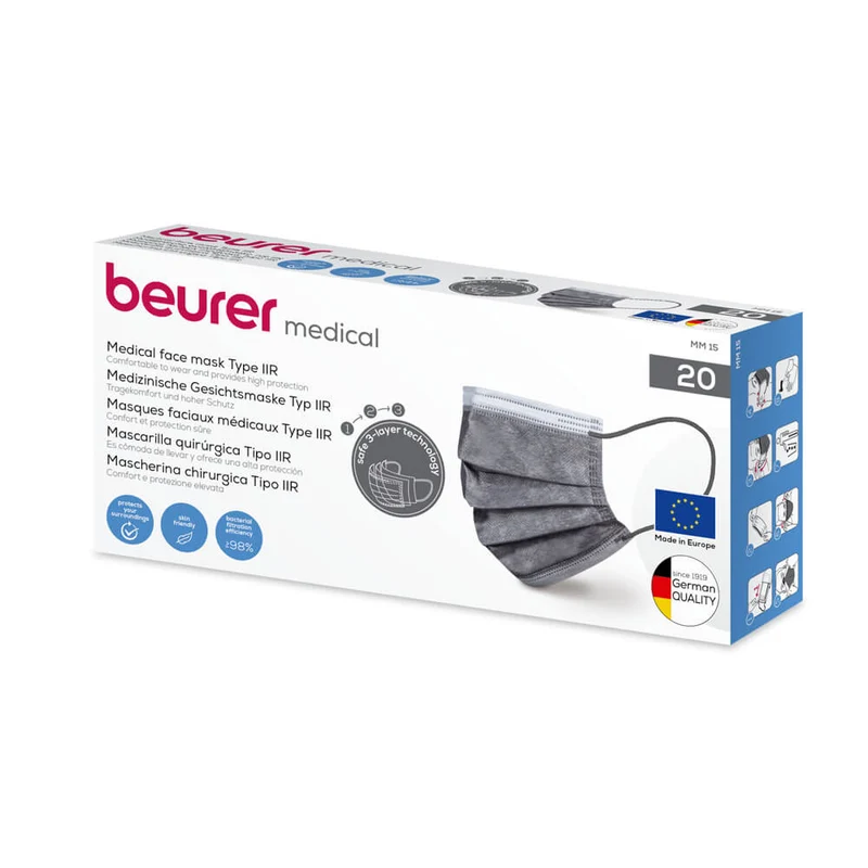 Medizinische Masken, Mundschutz, 3-lagig, Beurer, grau, 10/20 Stück