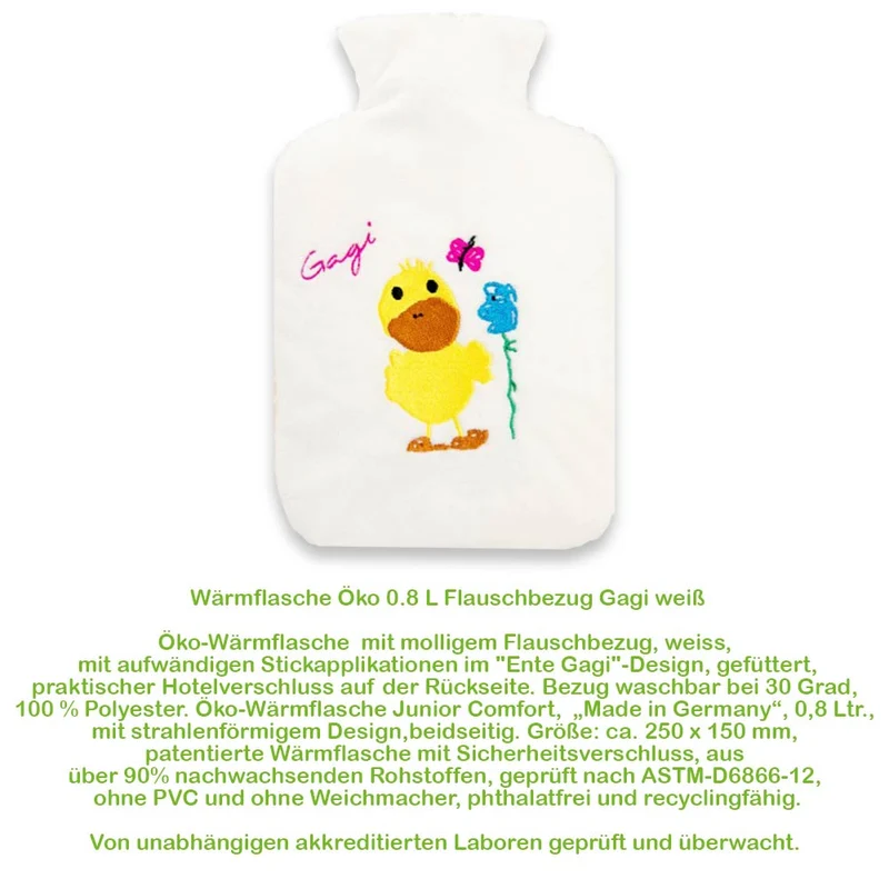 Hugo Frosch Öko Wärmflasche 0,8 L, Flauschbezug, Gagi weiß