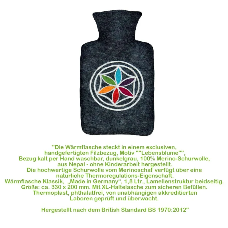 Hugo Frosch Klassik Wärmflasche 1,8 L, Filzbezug, Lebensblume