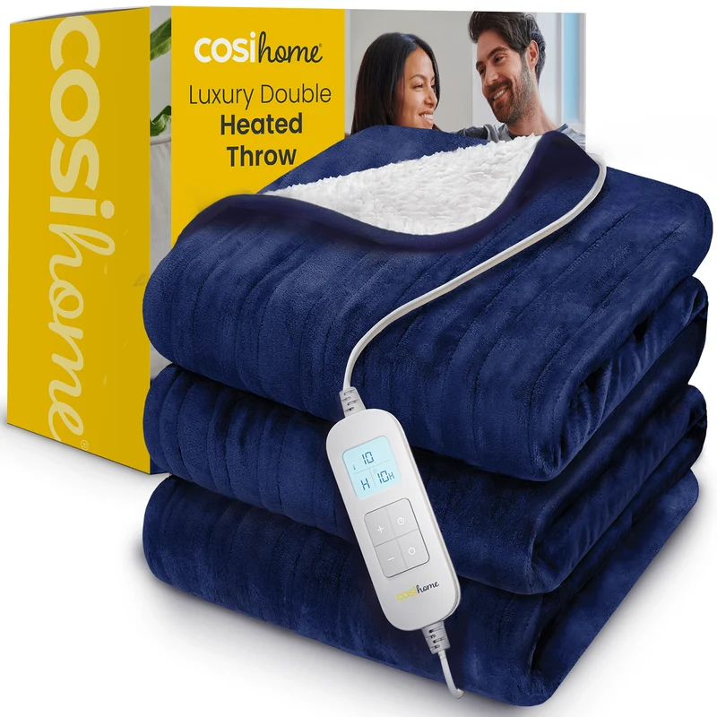 Double Fleece & Sherpa Electric Heated Throw - navy