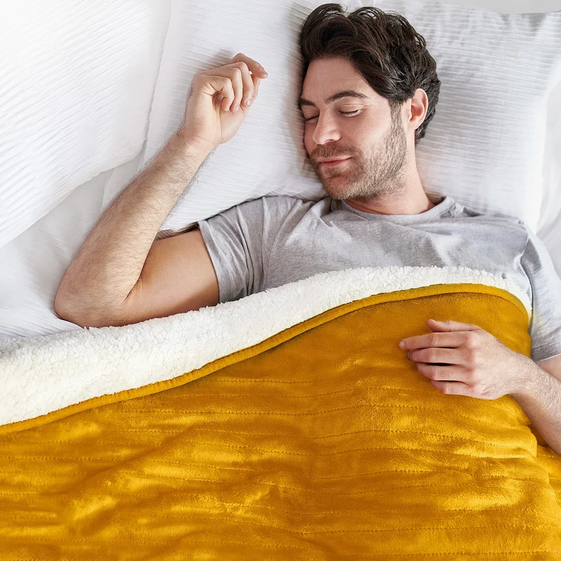 Fleece & Sherpa Electric Heated Throw - Mustard