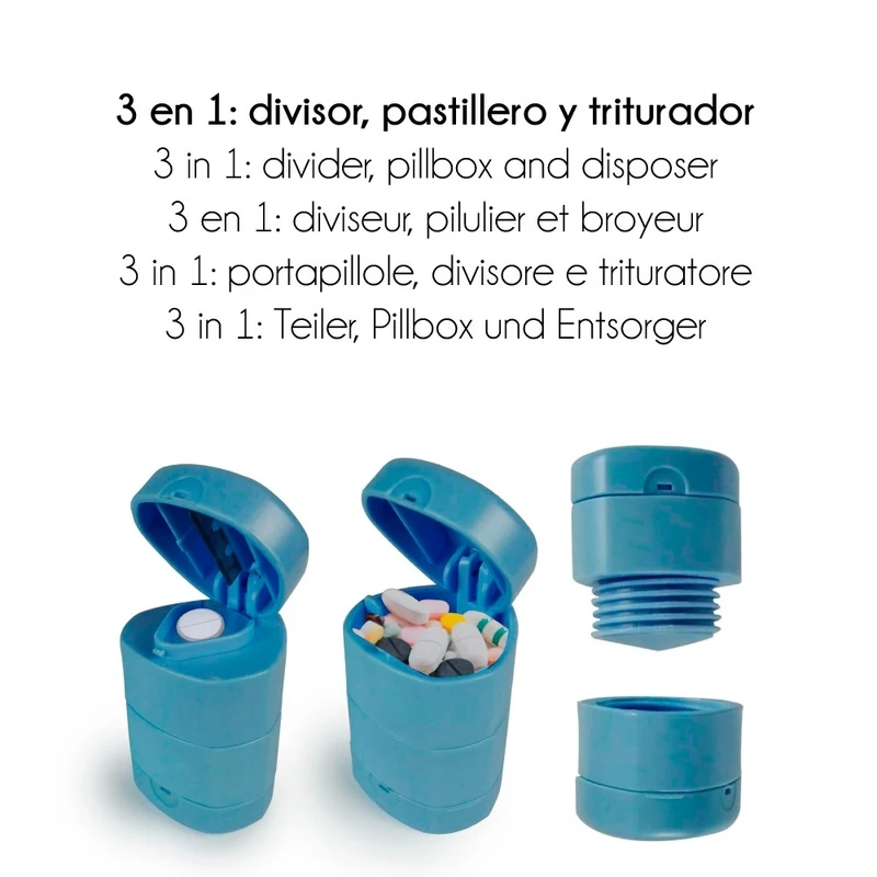 Tablettenbox | Tablettenmörser und Tablettenteiler | 3 in 1 | Blau | Mobiclinic