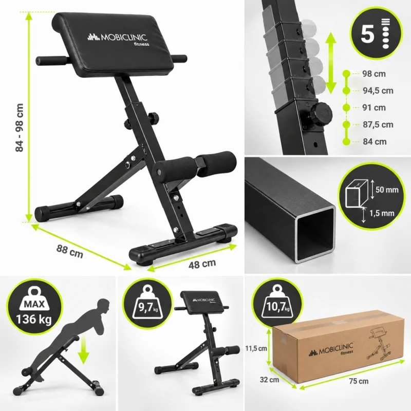 Römischer Stuhl | Höhen- und längenverstellbar | Schaumstoffrollen | Bis zu 136 kg | Stahl | Romanfit | Mobiclinic