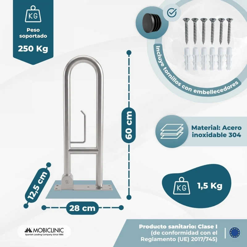 Klappbarer Haltegriff fürs Badezimmer | Toilettenpapierhalter | Doppelstange | Bis 250 kg | Stahl | Hood | Mobiclinic