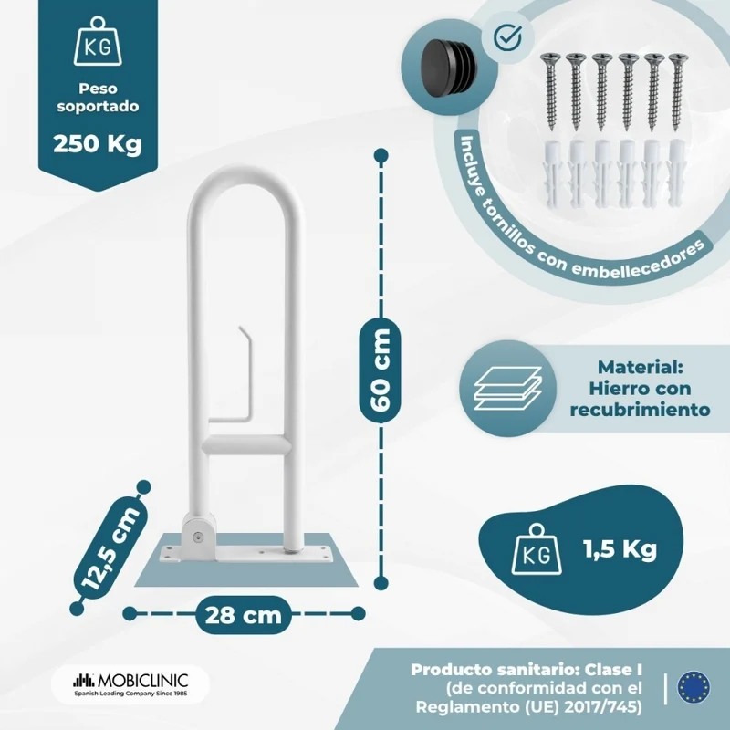 Klappbarer Haltegriff fürs Badezimmer | Toilettenpapierhalter | Doppelstange | Bis 250 kg | Eisen | Weiß | Robin | Mobiclinic