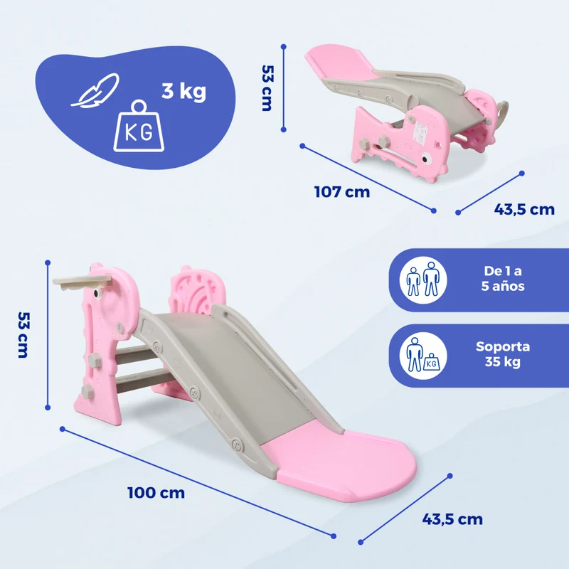 Kinderrutsche | Faltbar | Korb und Ball | Runde Kanten | Rutschfeste Stufen | Max. 35 kg | Rosa | Mobiclinic