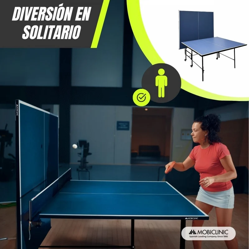 Tischtennisplatte | Faltbar und tragbar | Professionelles Design | 360º-Räder | Netz, Schläger und Bälle | Tokyo | Blau | Mobiclinic