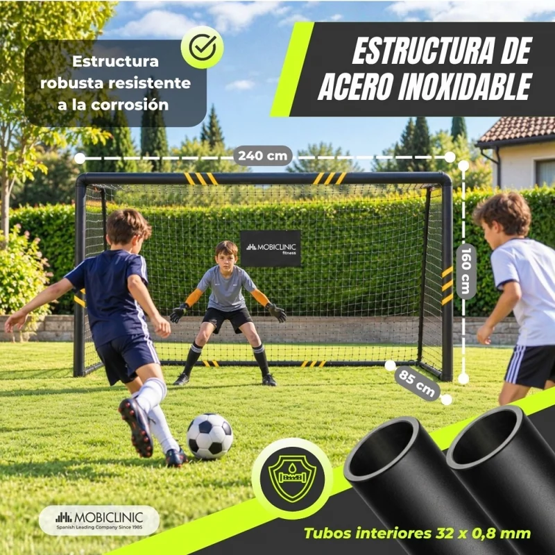 Fußballtor | 240 x 160 x 85 cm | Netz mit Spannseil | Gepolsterter Schutz | Stahl | Benji | Mobiclinic