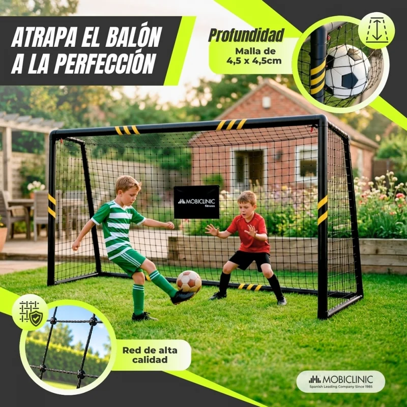 Fußballtor | 240 x 160 x 85 cm | Netz mit Spannseil | Gepolsterter Schutz | Stahl | Benji | Mobiclinic