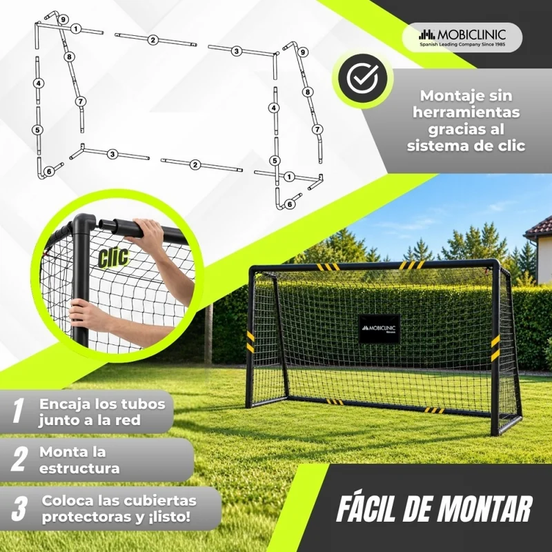 Fußballtor | 240 x 160 x 85 cm | Netz mit Spannseil | Gepolsterter Schutz | Stahl | Benji | Mobiclinic