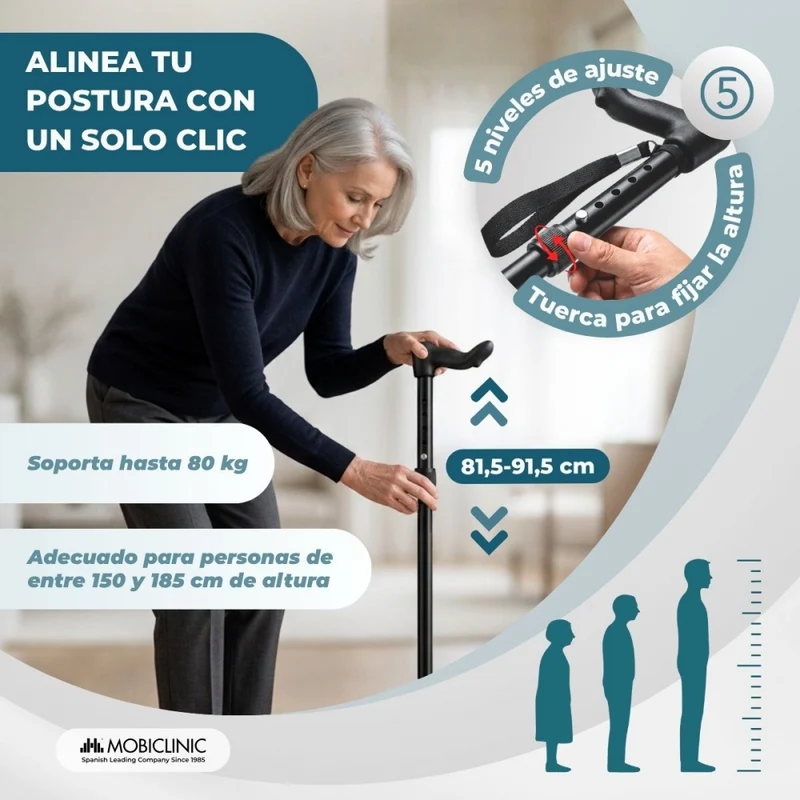 Faltbarer Gehstock | Linkshänder | Höhenverstellbar | Ergonomischer Griff | Rutschfeste Spitze | FlexGo | Mobiclinic