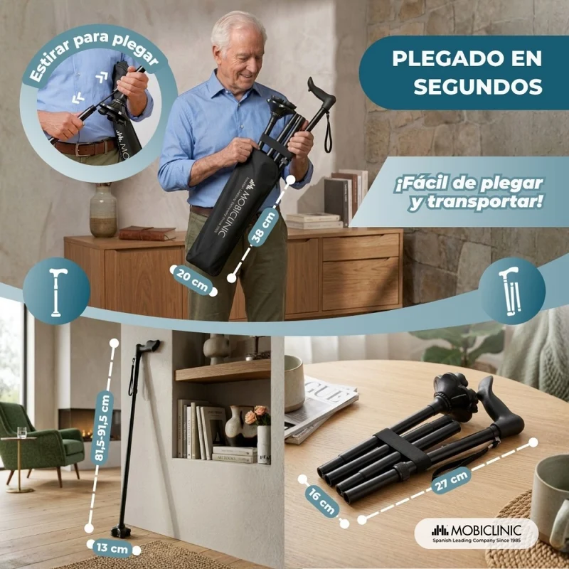 Faltbarer Gehstock | Linkshänder | Höhenverstellbar | Ergonomischer Griff | Rutschfeste Spitze | FlexGo | Mobiclinic