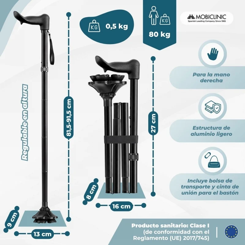 Faltbarer Gehstock | Rechtshänder | Höhenverstellbar | Ergonomischer Griff | Rutschfeste Spitze | FlexGo | Mobiclinic