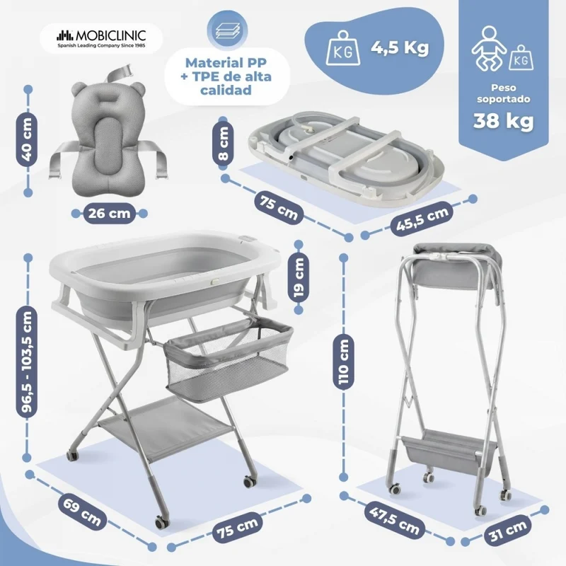 Babybadewanne | Höhenverstellbar | Zusammenklappbar | Räder mit 360º-Bremse | Kissen | Stauraum | Bubba Max | Mobiclinic