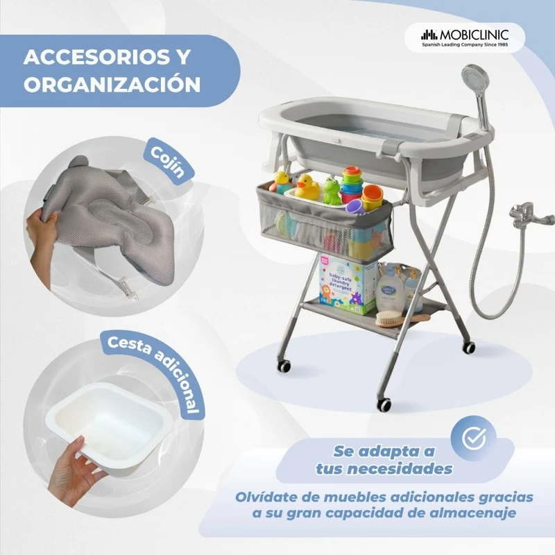 Babybadewanne | Höhenverstellbar | Zusammenklappbar | Räder mit 360º-Bremse | Kissen | Stauraum | Bubba Max | Mobiclinic
