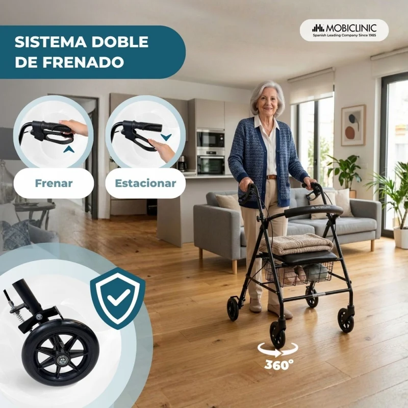 Rollator | Faltbar | Aluminium | Bremsen an den Griffen | Sitz und Rückenlehne | 4 Räder | Mattschwarz | Escorial | Mobiclinic