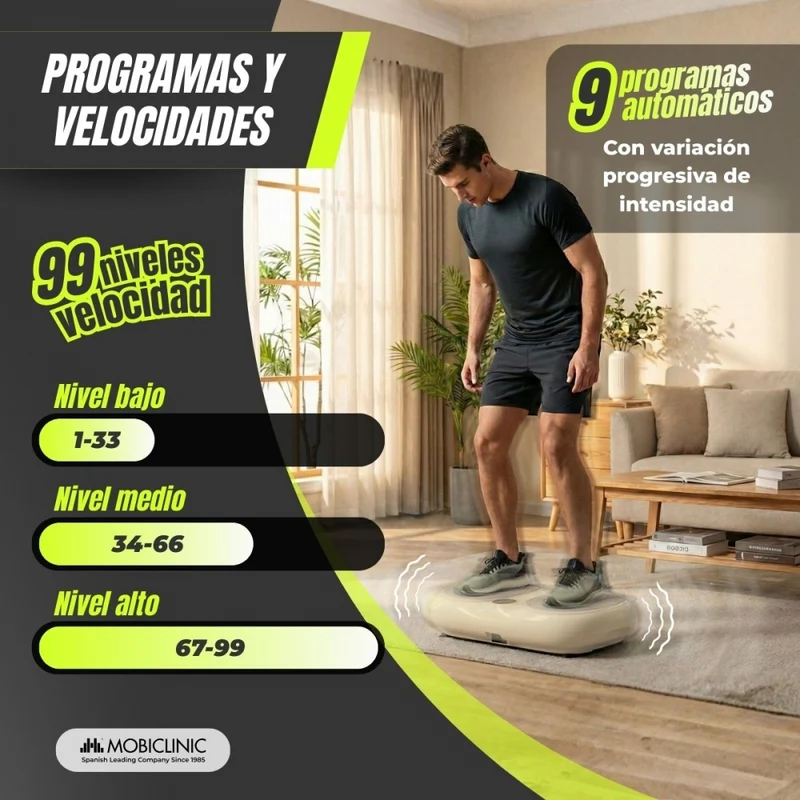 Vibrationsplattform | 99 Geschwindigkeiten | 9 Programme| Elastische Bänder | Bildschirm und Fernbedienung | Karol | Mobiclinic