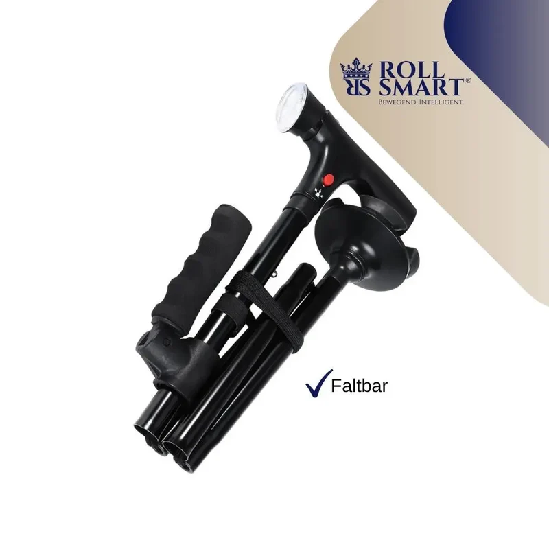 Gehstock alu schwarz mit alarm, led, 4 punkt fuß, faltbar