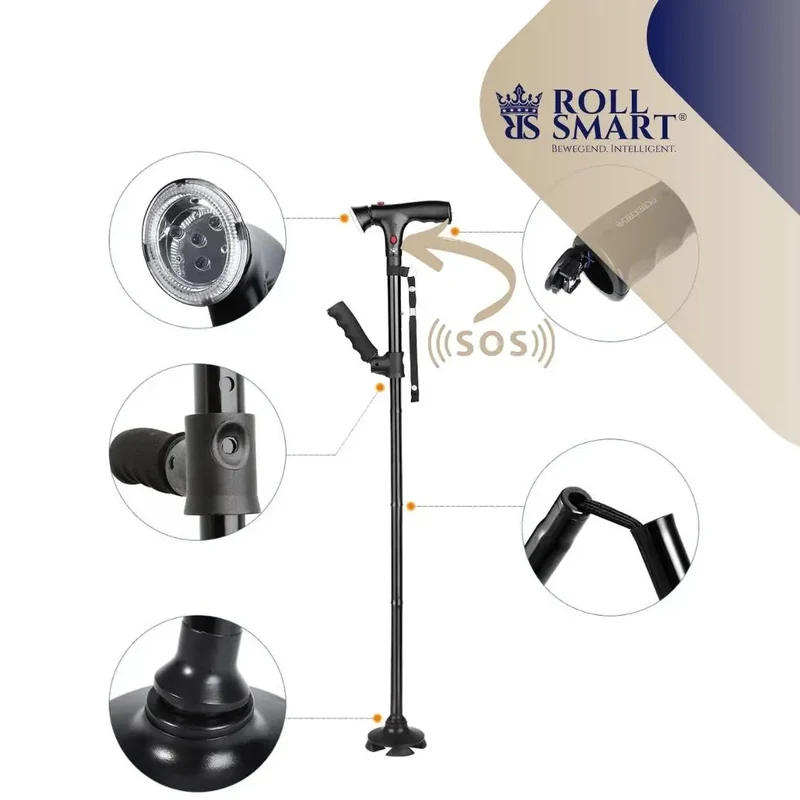 Gehstock alu schwarz mit alarm, led, 4 punkt fuß, faltbar