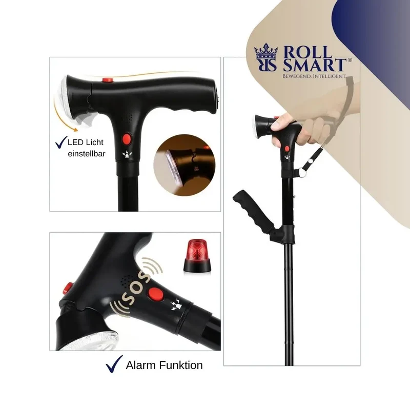 Gehstock alu schwarz mit alarm, led, 4 punkt fuß, faltbar