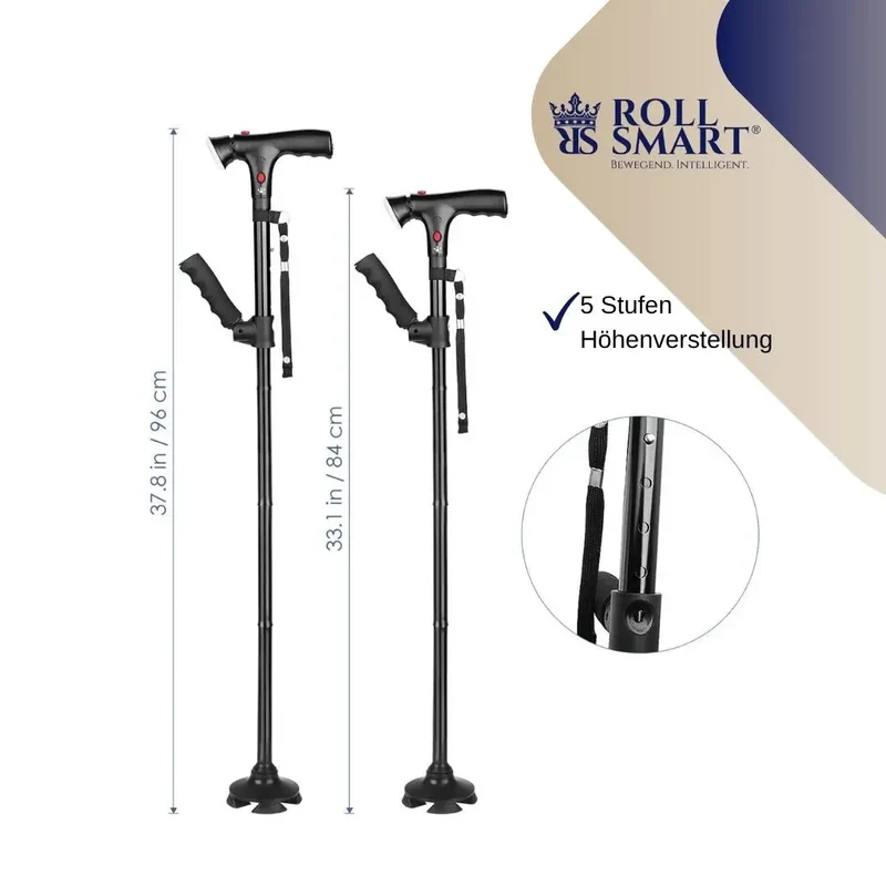 Gehstock alu schwarz mit alarm, led, 4 punkt fuß, faltbar