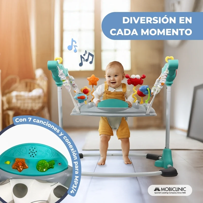 Baby Jumper | 8 Spielzeuge | 7 Lieder | 3 Höhen | 360º drehbarer Sitz | Waschbar | Tiger | Mehrfarbig | Mobiclinic