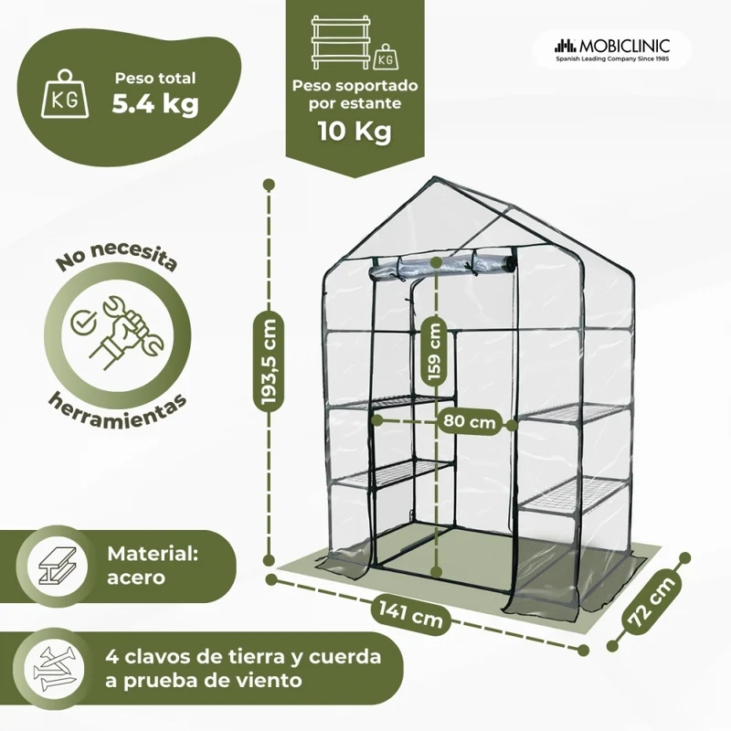 Gewächshaus mit Regalen | Rolltor | Sichere Befestigung | Wasserdicht | PVC | 143x73x195 cm | Home Grow | Mobiclinic