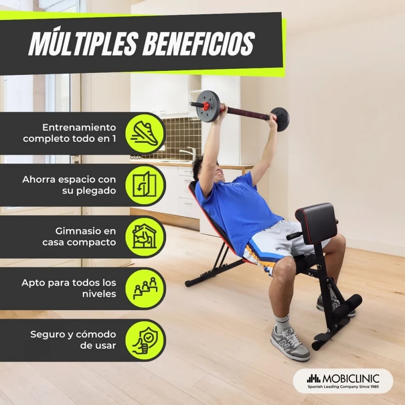 Hantelbank | Mit Widerstandsbändern | Zusammenklappbar | Verstellbar und neigbar | Max. 120 kg | Planefit | Mobiclinic
