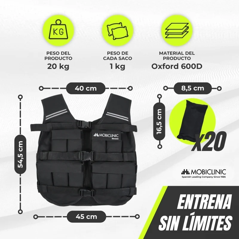 Gewichtsweste | 20 kg | Verstellbares Gewicht | Atmungsaktiv | Gepolstert | Anpassbar | Eisen20 | Schwarz | Mobiclinic