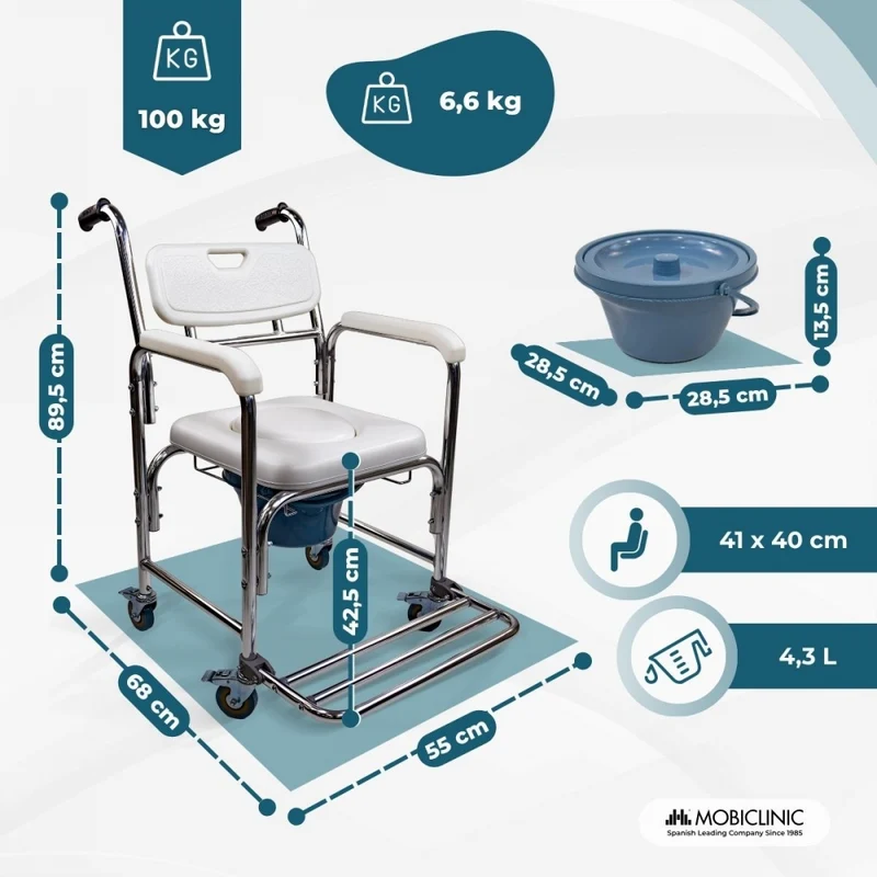 WC-Sitz mit Toilettenstuhl | 4,3-L Toilettenstuhl | Fußstütze und Armlehnen | Räder mit Bremsen | Rope | Mobiclinic