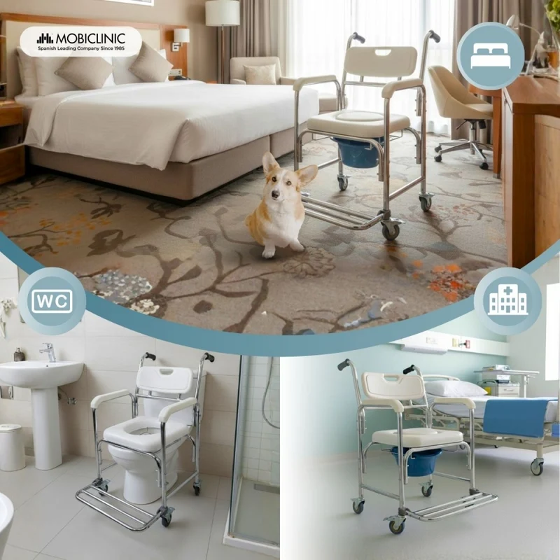 WC-Sitz mit Toilettenstuhl | 4,3-L Toilettenstuhl | Fußstütze und Armlehnen | Räder mit Bremsen | Rope | Mobiclinic