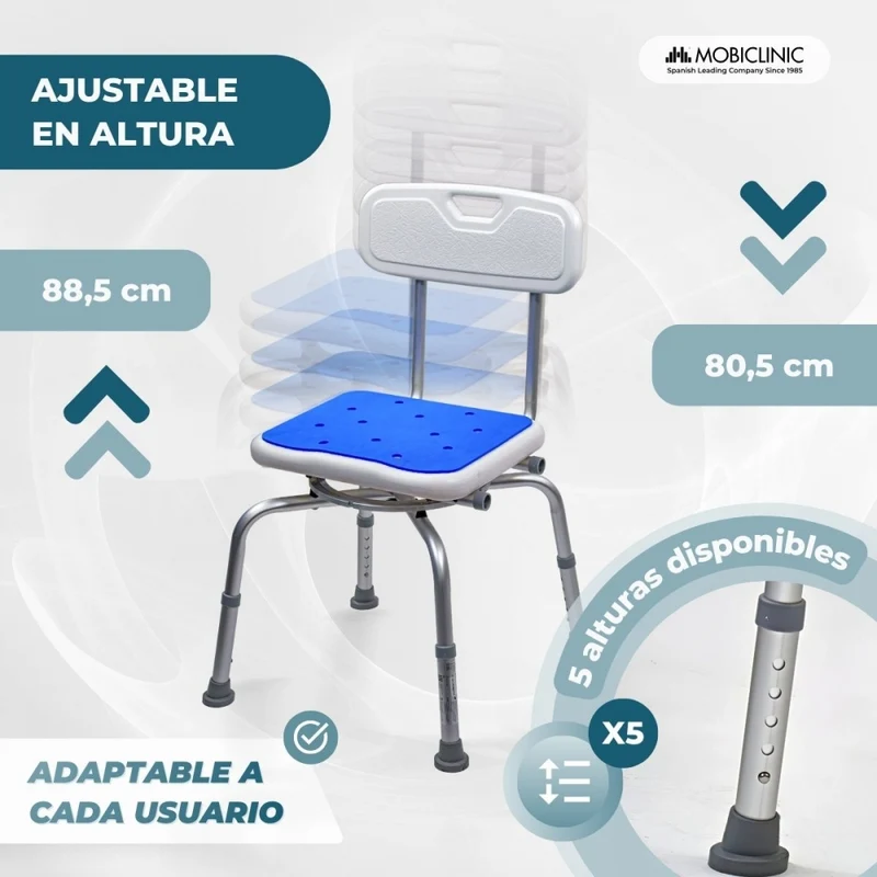 Drehbarer Badezimmerhocker | 360º Sitz | Höhenverstellbar | Armlehnen | EVA-Polsterung | Akila | Mobiclinic