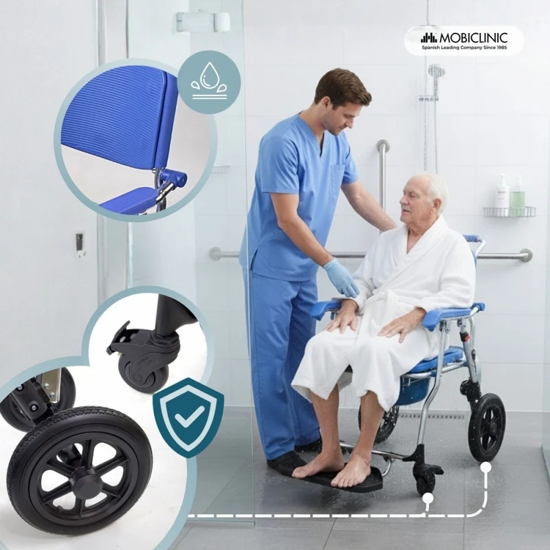 Rollstuhl mit Toilettenfunktion | 3 in 1 | Faltbar und leicht | 6,5-Liter-Eimer | Räder mit Bremsen | Babor | Mobiclinic