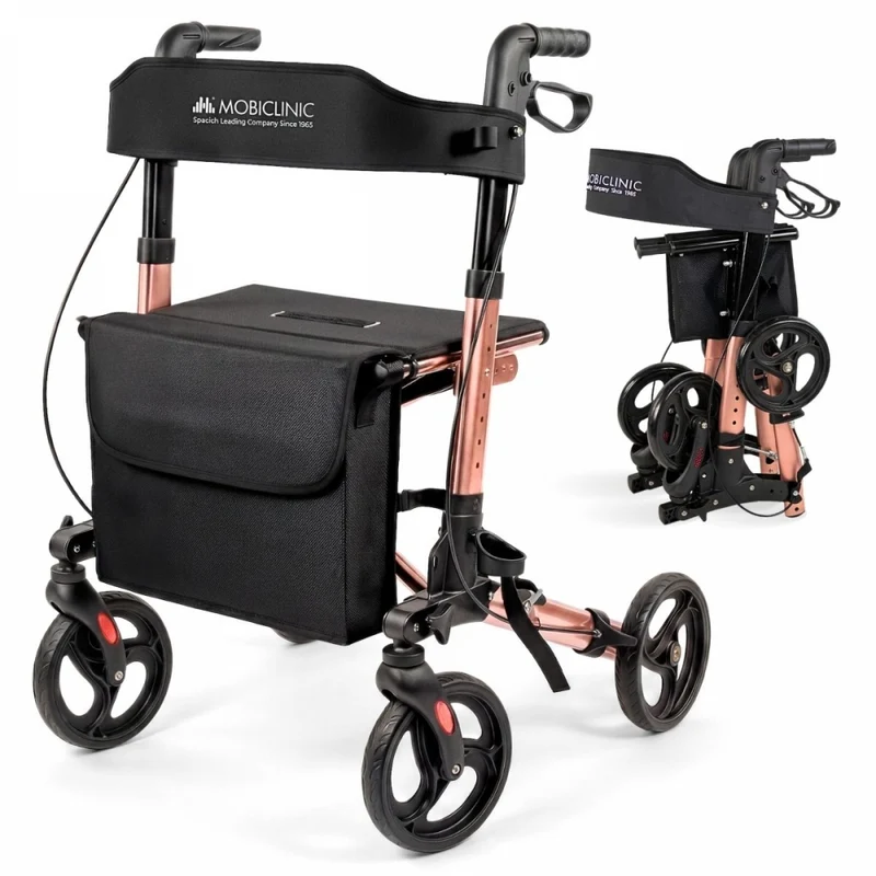 Faltbarer Rollator | Aluminium | Bis 136 kg | Handbremsen | Sitz und Rückenlehne | Roségold | Trajano | Deluxe | Mobiclinic