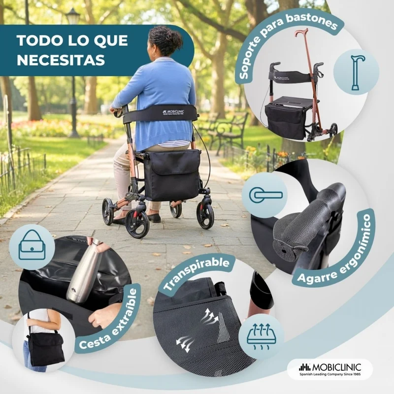 Faltbarer Rollator | Aluminium | Bis 136 kg | Handbremsen | Sitz und Rückenlehne | Roségold | Trajano | Deluxe | Mobiclinic