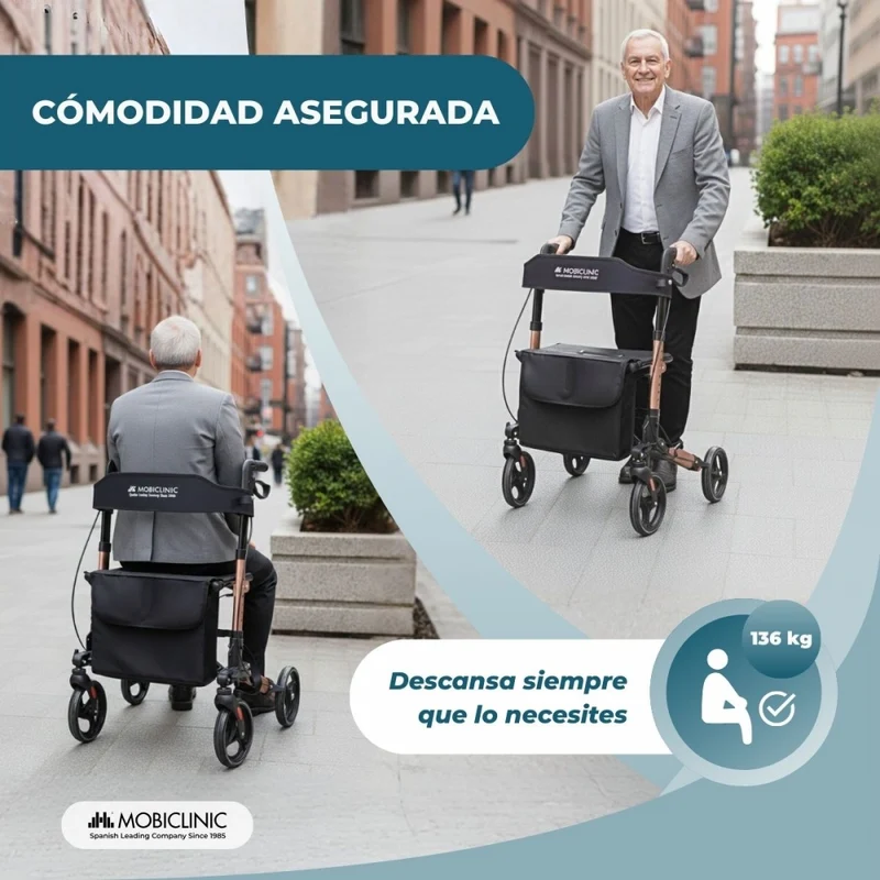 Faltbarer Rollator | Aluminium | Bis 136 kg | Handbremsen | Sitz und Rückenlehne | Roségold | Trajano | Deluxe | Mobiclinic
