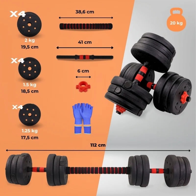 Verstellbare Hanteln mit 2-in-1-Stange | 20 kg zum Verteilen | Allmähliches Wachstum | Gepolstert | ExtenFit | Mobiclinic