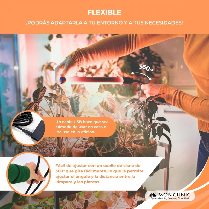 Pflanzenlampe | LED | 3 Modi | 6000K| Schwarz| Timer | 10 Helligkeitsstufen | 360º Drehung | Growflex | Mobiclinic
