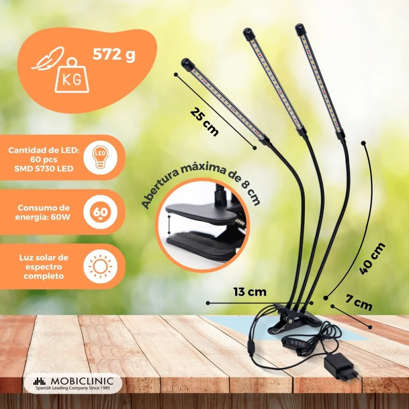 Pflanzenlampe | LED | 3 Modi | 6000K| Schwarz| Timer | 10 Helligkeitsstufen | 360º Drehung | Growflex | Mobiclinic